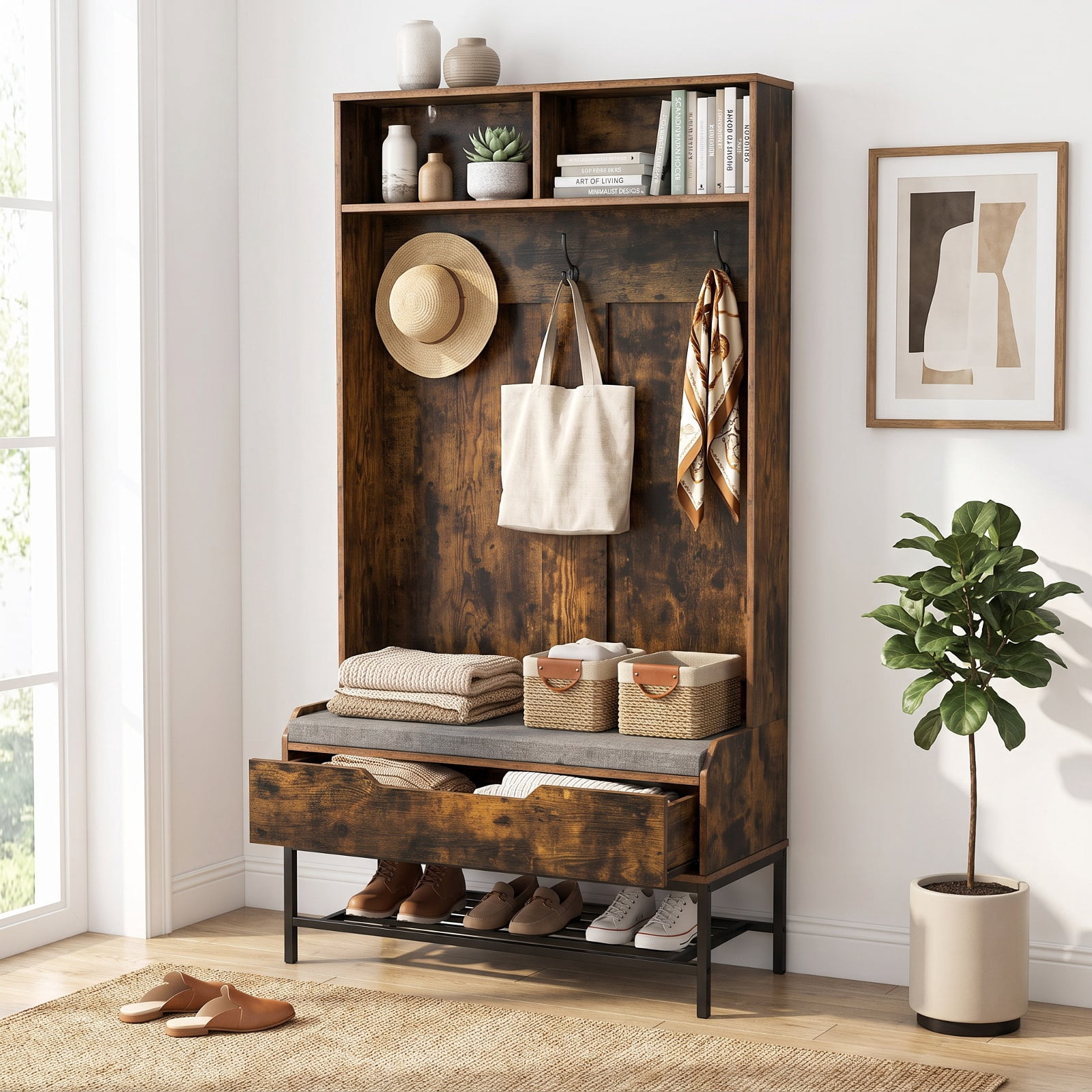 Furnibear 69 Inch Tall Hall Tree 4 in 1 Coat Rack with Cushioned Bench and Shoe Storage and Hooks for Entryway and Foyer, Rustic Brown