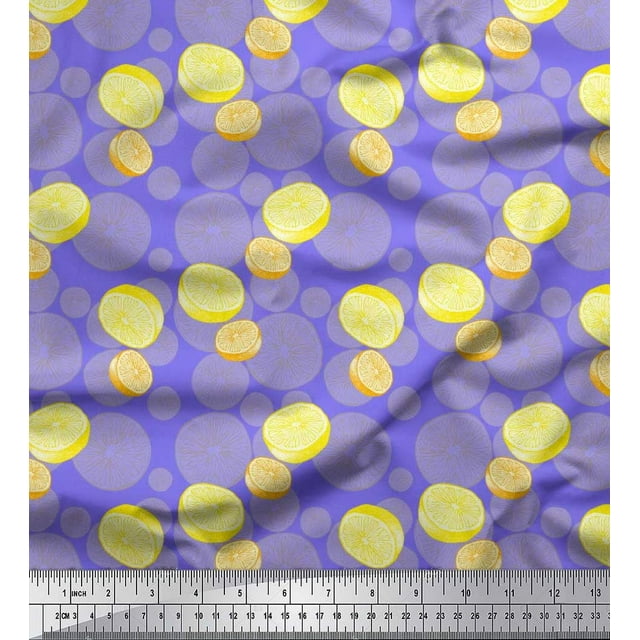Soimoi Purple Silk Fabric Lemon Slice Vegetable Print Fabric by the Yard 42 Inch Wide