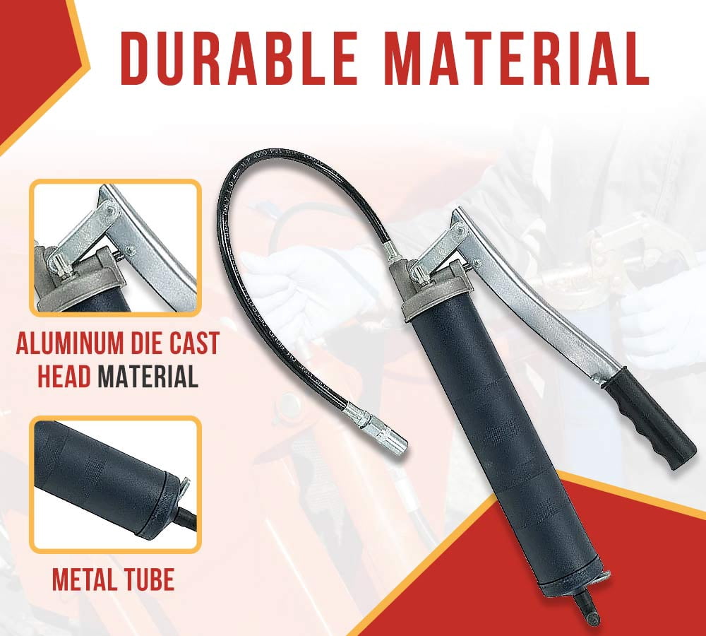4 Pack Lever Action Grease Gun Heavy Duty Maximum Pressure - 10,000 PSI with 18-inch Whip Hose - Aluminium Cast Head - Capacity 16 oz Bulk/ 14oz Cartridge