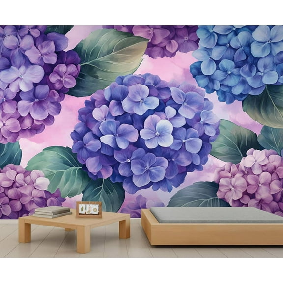 Hydrangea Mural - Purple Hydrangea Wallpaper, Watercolor Flower 3D Wall Mural For Living Room Bedroom, Floral Murals 55"W x 28"H (Not Peel and Stick)