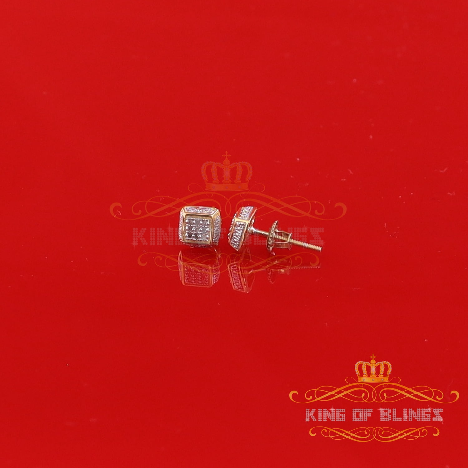 King of Bling's 0.05ct Diamond Square Earrings For Women Yellow 925 Sterling Silver Stud For Men
