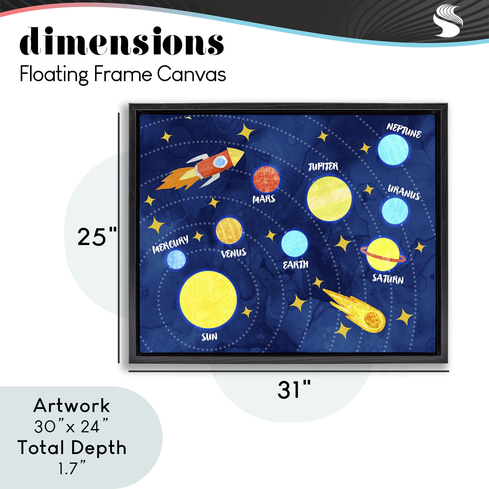 Rocket Across Solar System Black Framed Floater Canvas Wall Art, design by Daphne Polselli