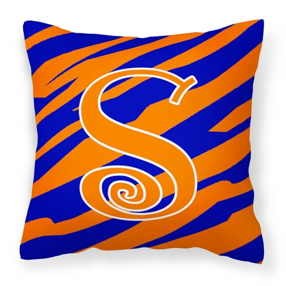 Letter S Initial  Tiger Stripe Blue and Orange Fabric Decorative Pillow