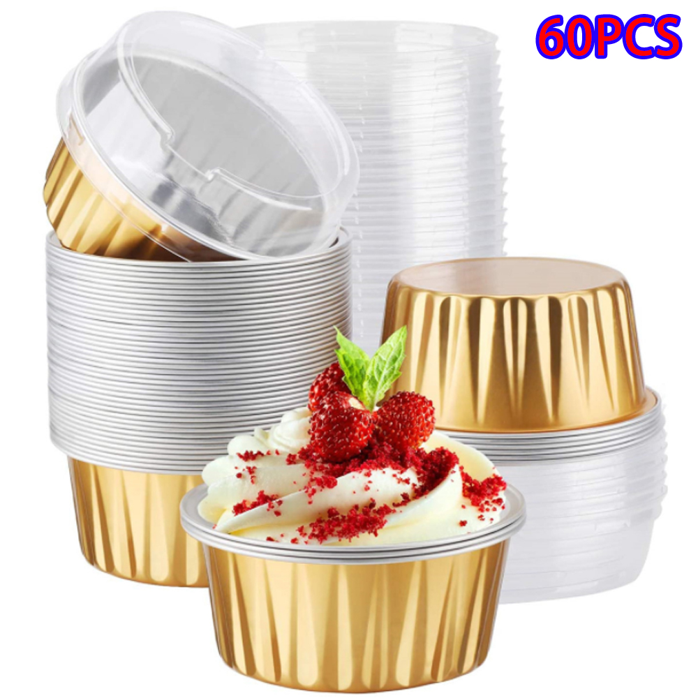 Skycarper 60pcs Disposable Ramekins, Foil Cups with Lids, Cupcake