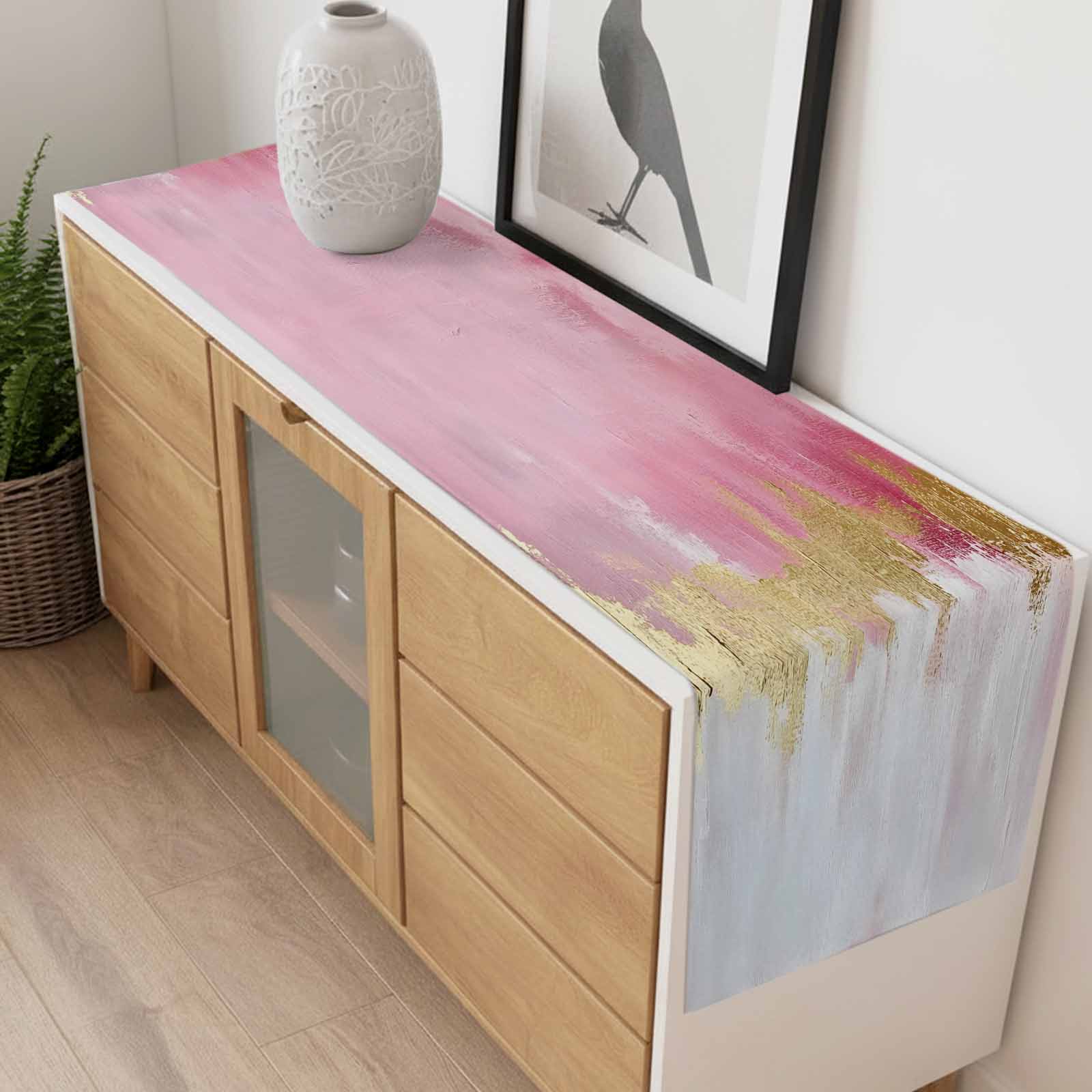 Abstract Street Art Table Runner 13x120 inch Pink Gold Watercolor Decoration Cotton Linen Dining Table Runner Ideal for Dresser Kitchen Coffee Tables - Machine Washable