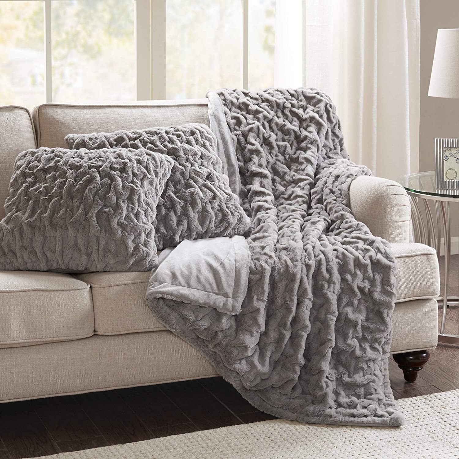 Ruched Faux Fur Plush 3 Piece Throw Blanket Set Ultra Soft Fluffy with 2 Square Pillow Covers 50 in x 60 in Grey Walmart