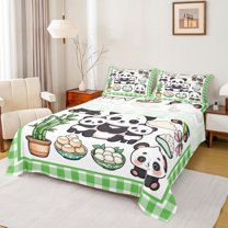 Castle Fairy Cartoon Panda 4pcs Bed Sheets for Preppy Child,Green Geometric Plaid King Sheets,Cute Bow Animal Super Cozy Sheet Set,Microfiber Bedroom Decor