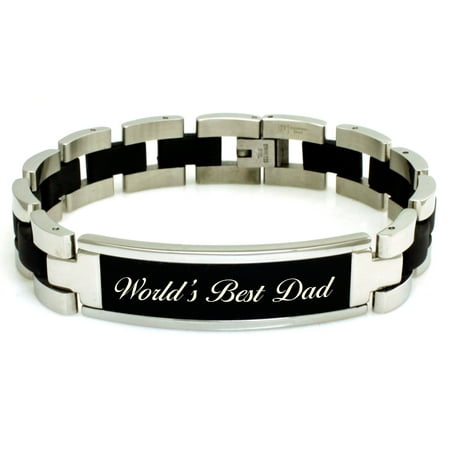 Stainless Steel 8.25 inch World's Best Dad Engraved Black ID