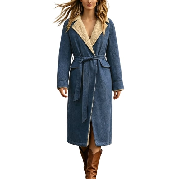 Zynoxe Womens Long Denim Jacket Winter Sherpa Lined Warm Lapel Drawstring Waist Open Front Western Relaxed Casual Overcoat with Pockets Blue S