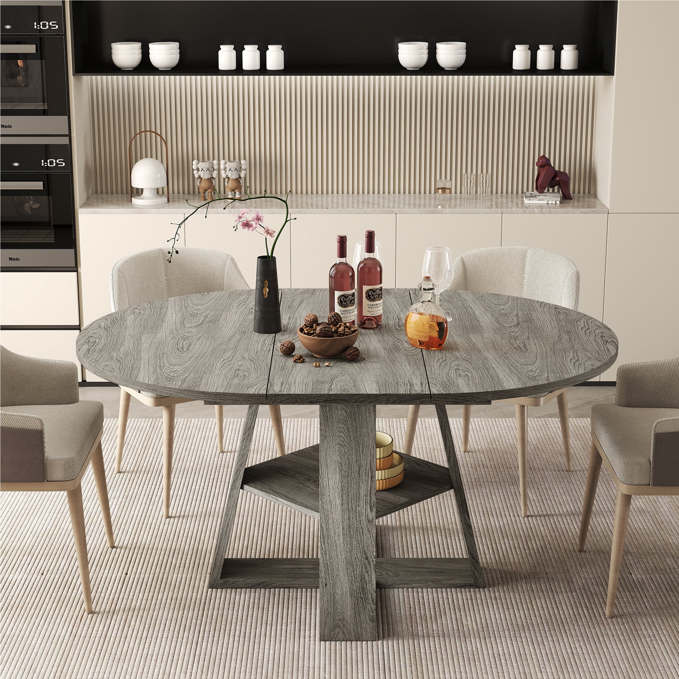 Hawsaiy 43.3-59 in Extendable Oval Dining Table for 4-6, Space-Saving Round Kitchen Table with Hidden Leaf Storage & Bottom Shelf for Small Space, Gray