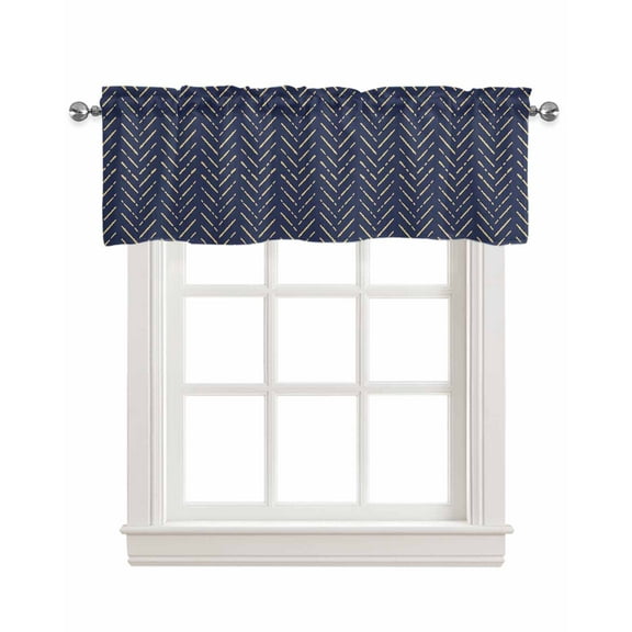 Navy Blue Gold Striped Linen Curtain Valance for Bedroom/Bathroom/Kitchen/Living/Dining Room Window,Contemporary Minimalist Boho Geometric Pocket Topper Drapes Decorative Cafe Drapery Panel 60"x18"
