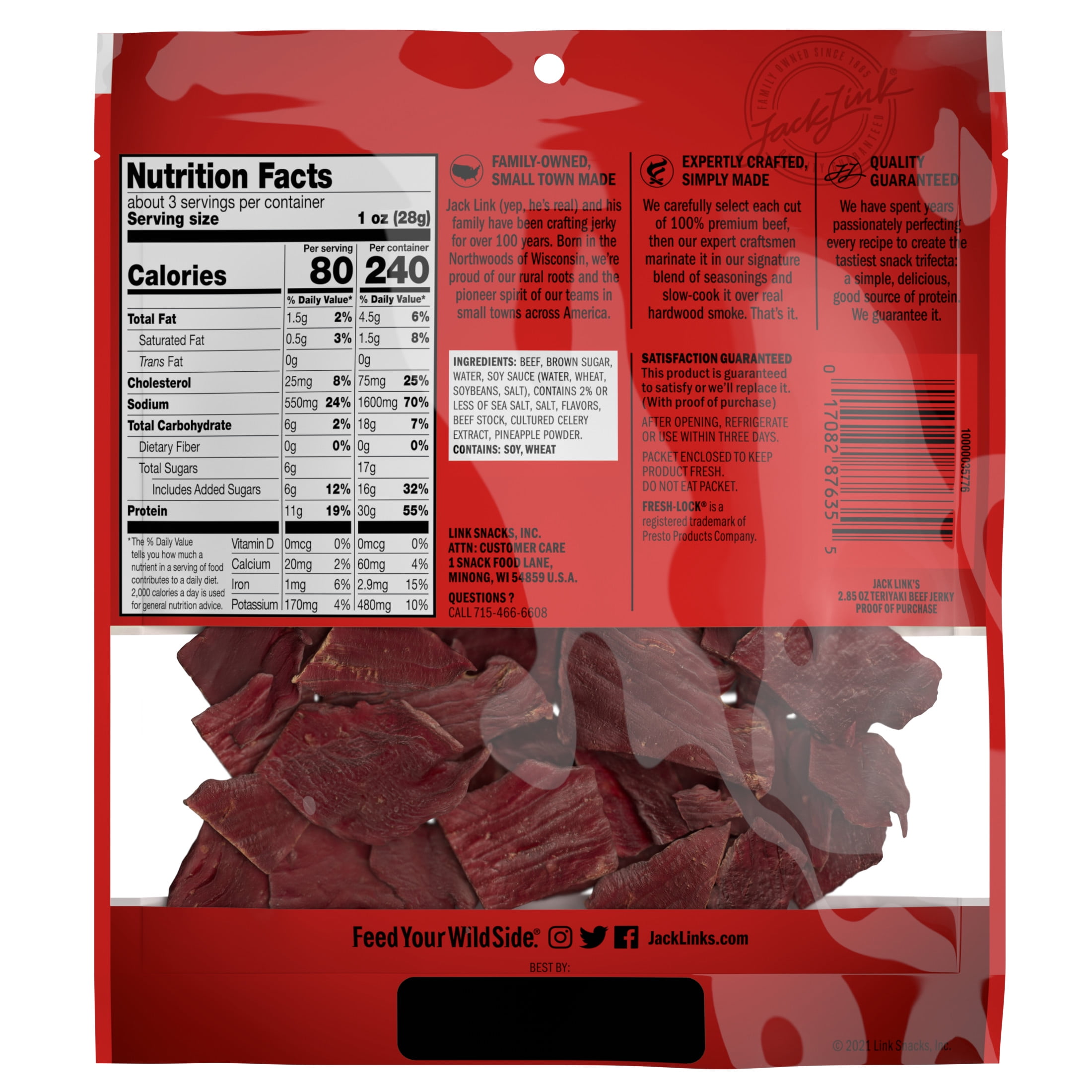 (3 pack) Jack Link’s Beef Jerky, Teriyaki, Made with 100% Beef, 11g of Protein per Serving, 2.85 oz Bag