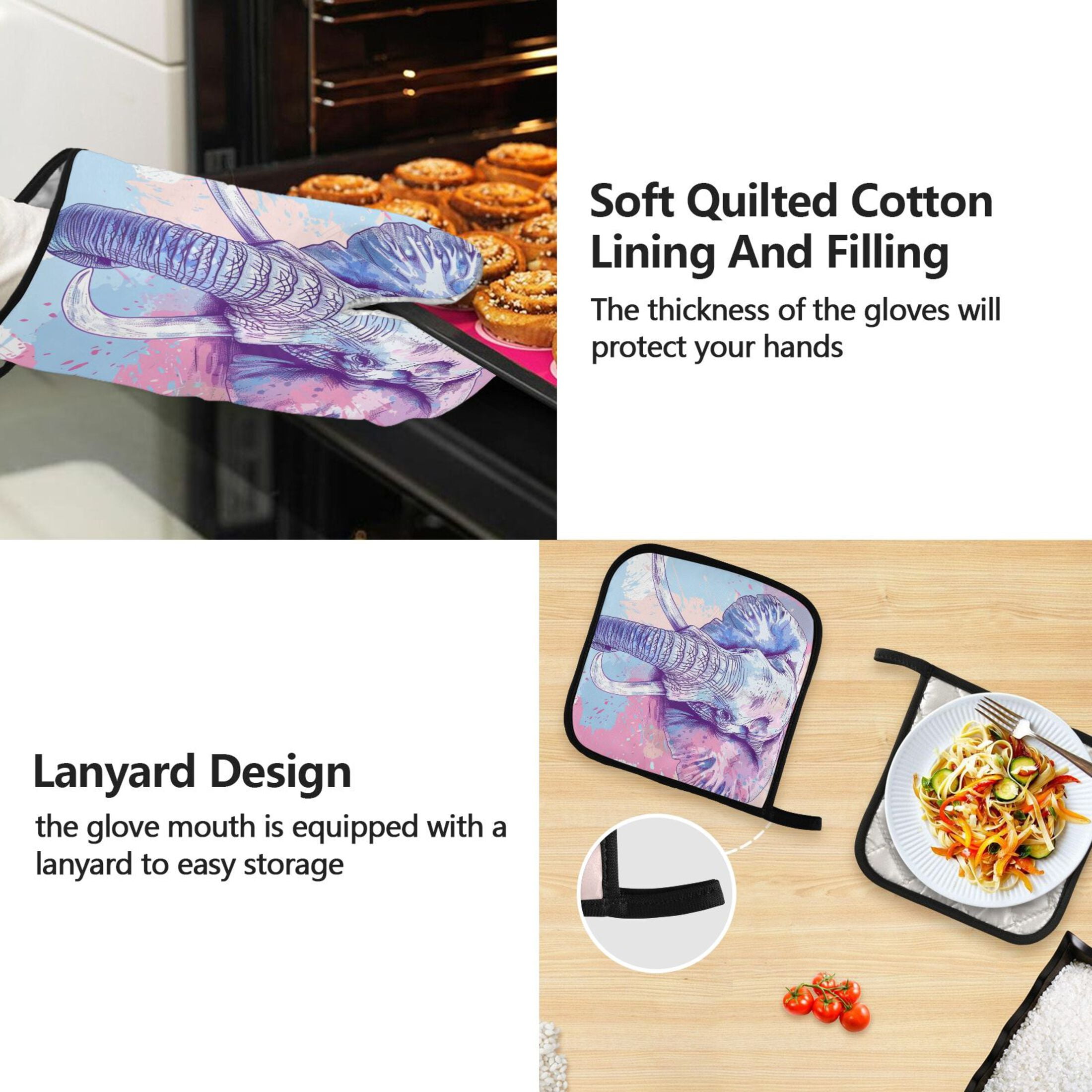 Colorful Elephant Head 5 Pcs Kitchen Set Heat Resistant Oven Mitts and Non-Slip Pot Holders with Adjustable Cooking Apron