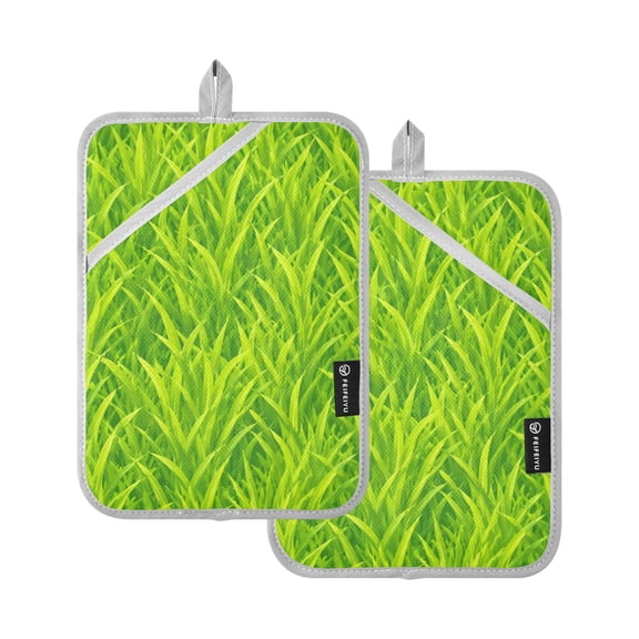 Green Grass Leaves Potholders Heat Resistant Pot Holder Set of 2 Oven Hot Pads with Pocket
