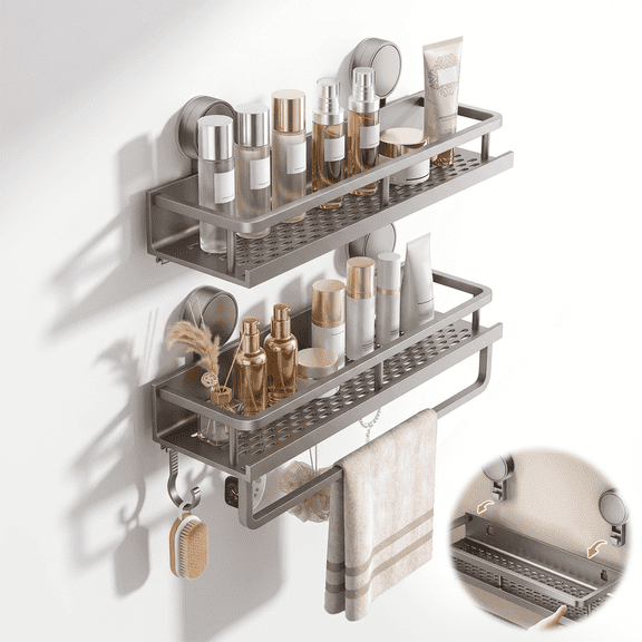 Merzark 2-Pack 15.7" Shower Caddy Suction Cup, Space Aluminum Bathroom Shelf, Rustproof No Drilling Organizer with Towel Bar & 5 Hooks, Gunmetal Gray