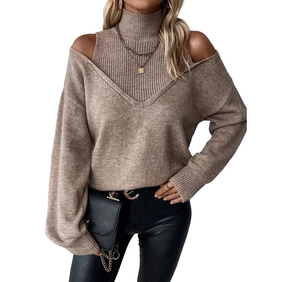 Women Cold Shoulder Sweater Turtelneck Cut Out Pullover Sweater Casual Long Sleeve High Neck 2 in 1 Tops Khaki S