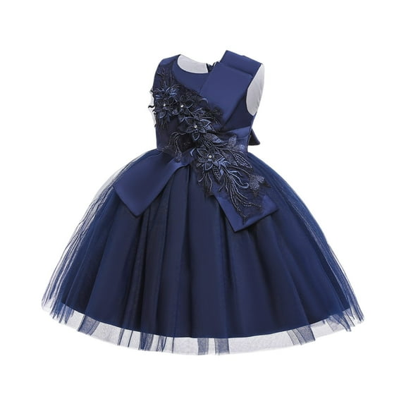 Girls Elegant Flower Embroidered Tulle Dress Sleeveless Princess Gown with Bow for Wedding Party Birthday