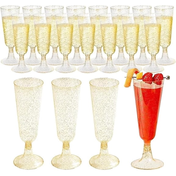 25 Pcs 5oz Disposable Gold Glitter Champagne Glasses, Plastic Wine Glasses, Good for Party Wedding Cocktail Cups