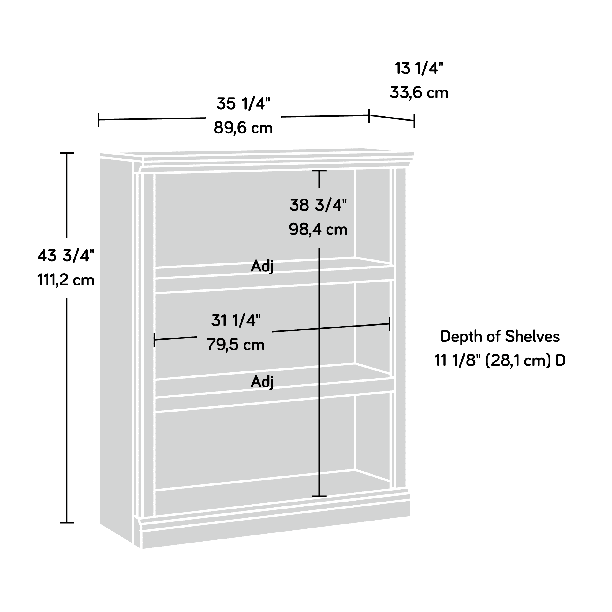Sauder Select Collection Bookcase, Three-Shelf, 35.27w x 13.3d x 43.78h, Oiled Brown
