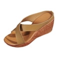thumbnail image 6 of Rokment Women's Cork Footbed Wedges Dressy Slippers Sandals Stylish Casual Cross-Band Leather Platform Chunky Slip on High Heels Beach Summer Dress Slides Shoes Khaki Size 8.5, 6 of 7