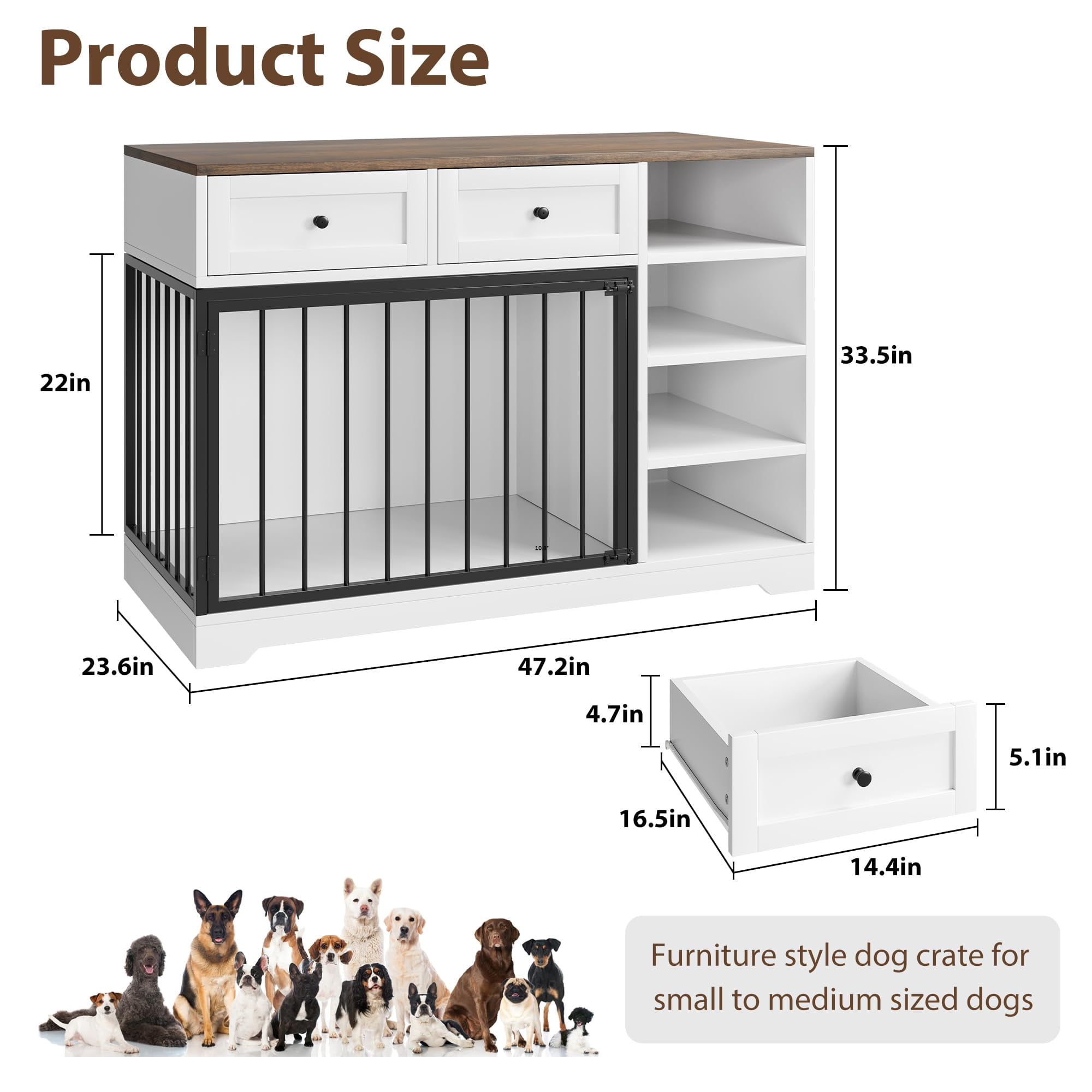 Litake Dog Crate Furniture 47”, Large Dog Crate TV Stand with 2 Drawers and 4 Shelves, Wooden Dog Kennel Indoor, Decorative Dog Cage with Storage for Large Dogs, Whtie