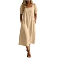 thumbnail image 2 of Guieoi Womens Dresses Plus Size Square-Neck Short-Sleeve Solid-Color Dress with Pockets Brown XL, 2 of 9