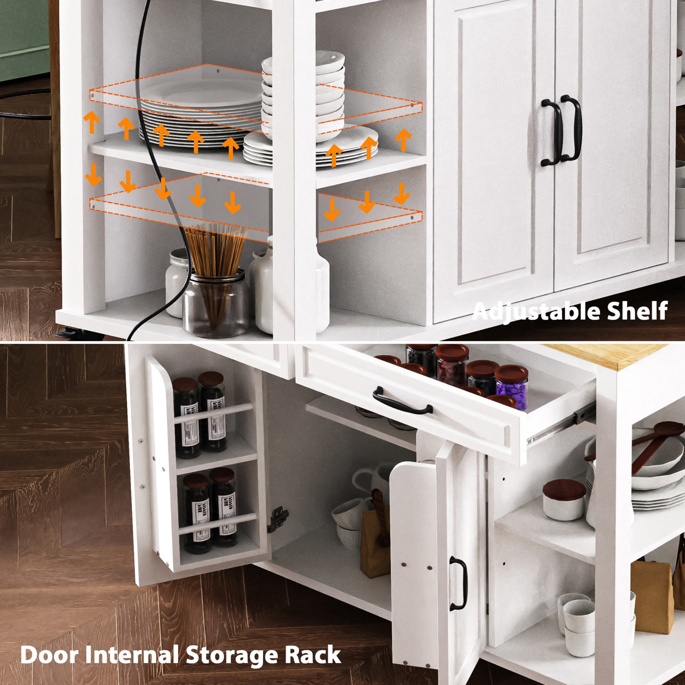 DEALTOPS 47.2'' Kitchen Island Cart with Extendable Table and Open Spaces, Kitchen Storage Cart with Adjustable Shelves, White