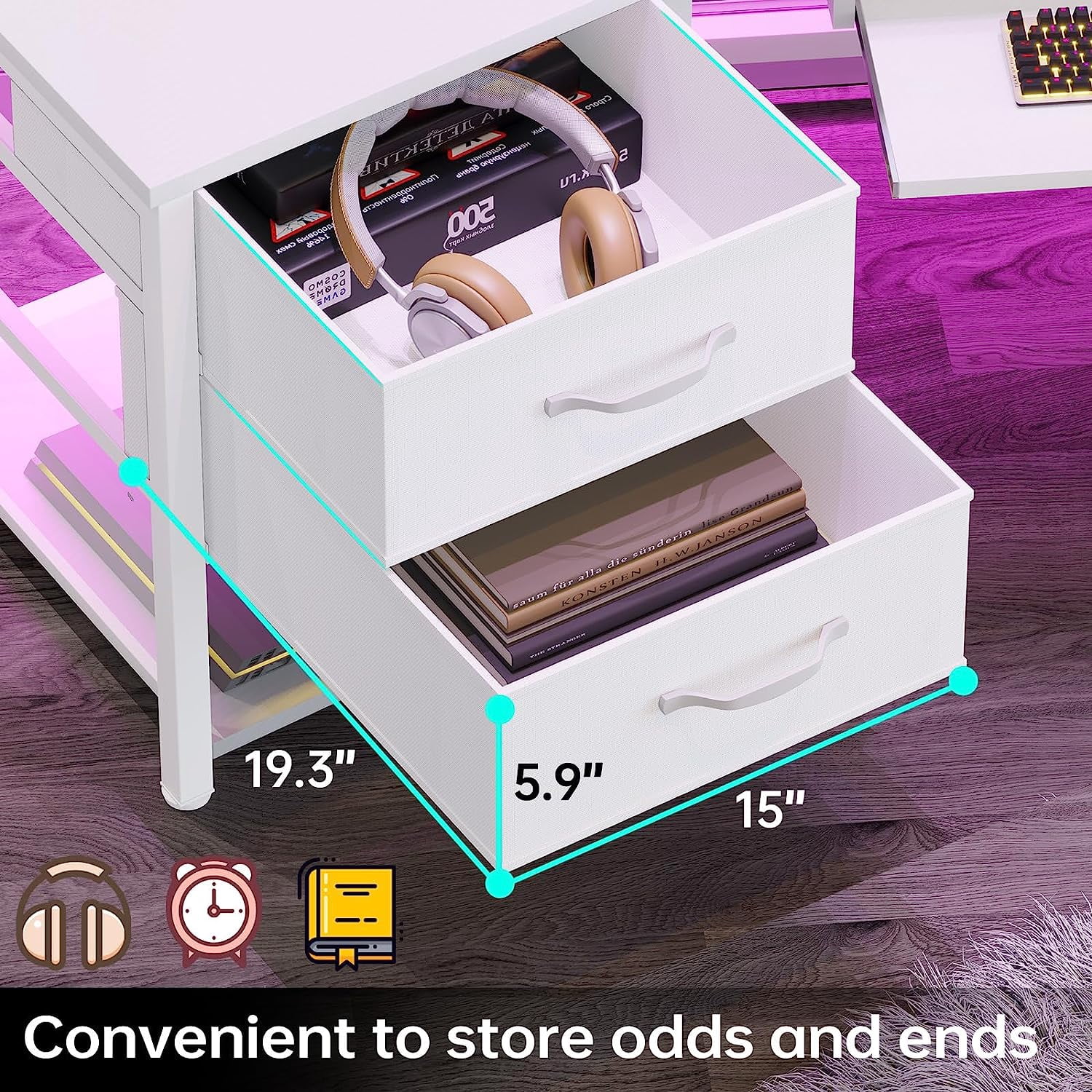 79" Gaming Desk, Computer Desk with 2 Fabric Drawers & LED Light, White Small Desk with Storage for Home Office, Carbon Fiber White