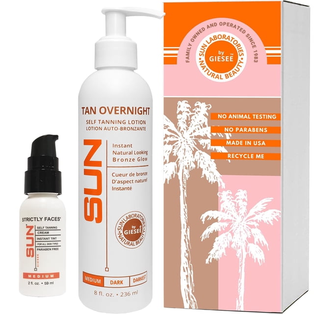 Sun Laboratories By Giesee Kit autobronceador con loción autobronceadora de 8 oz de bronceado durante la noche y crema facial bronceadora sin sol de 2 oz – Autobronceador inodoro no tóxico para piel c