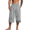thumbnail image 3 of Men Pants New Wide Leg Cropped Chinese Style Linen Blend Breathable Loose Fit Casual Summer Trousers with Embroidery Print, 3 of 4