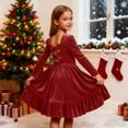 thumbnail image 3 of Girls Long Sleeve Velvet Dress Crew Neck Bow Back Princess Dress Ruffle Hem Formal A-Line Dresses Vintage Christmas Party Dress, 3 of 6