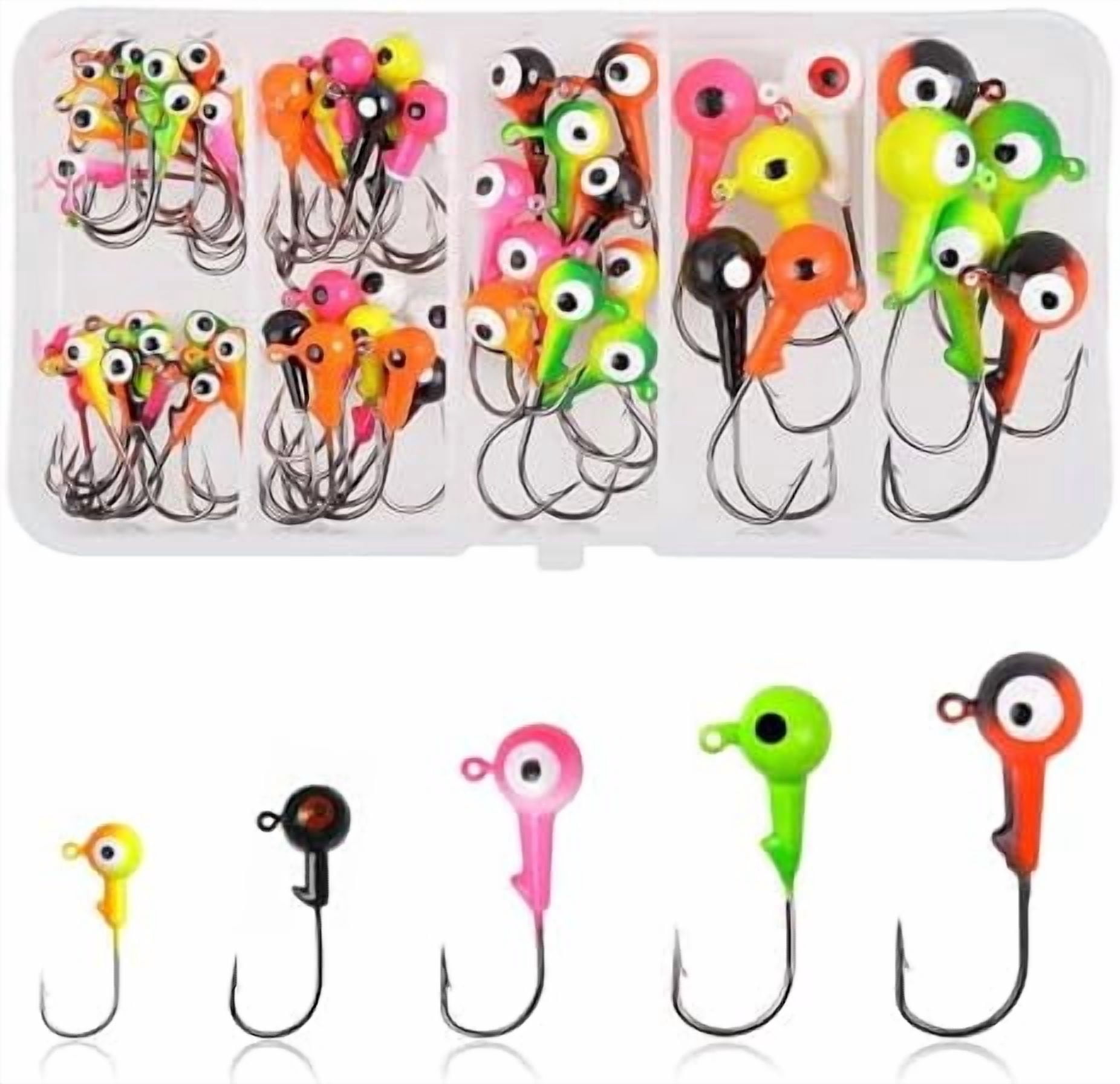 RibRave Fishing Jig Heads Hooks Set, 60pcs Assorted Round Jig Head with 3D Eyes Painted Jig Heads for Crappie Bass Walleye 3/8oz 1/4oz 1/8oz 1/16oz 1/32oz Saltwater Freshwater Fishing Tackle Kit