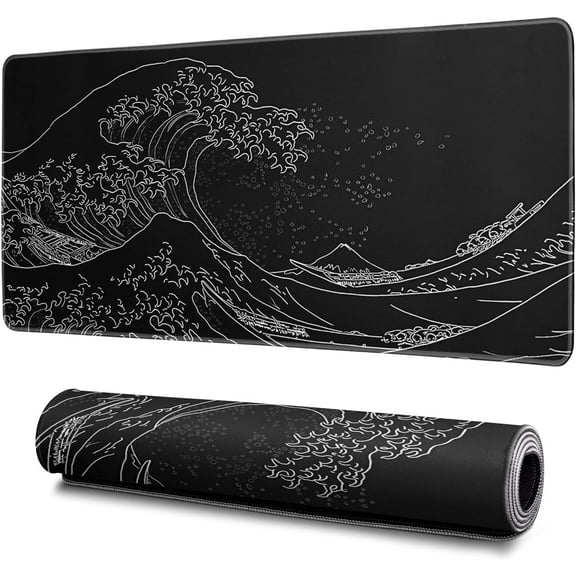 Japanese Gaming Mouse Pad Abstract Black Mouse Pad 31.5x11.8 Inch Black Sea Wave Texture Non-Slip Rubber Base Large Ocean Mousepad Stitched Edges Keyboard Mouse Mat Desk Pad for Office and Home