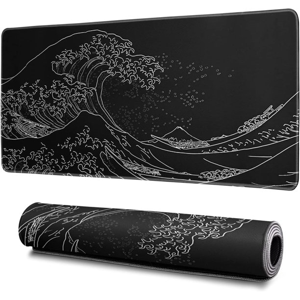 Alfombrilla de ratón para juegos, alfombrilla de ratón negra abstracta de 30 x 60 cm, base de goma antideslizante con textura de ondas negras, alfombrilla de ratón grande oceánica