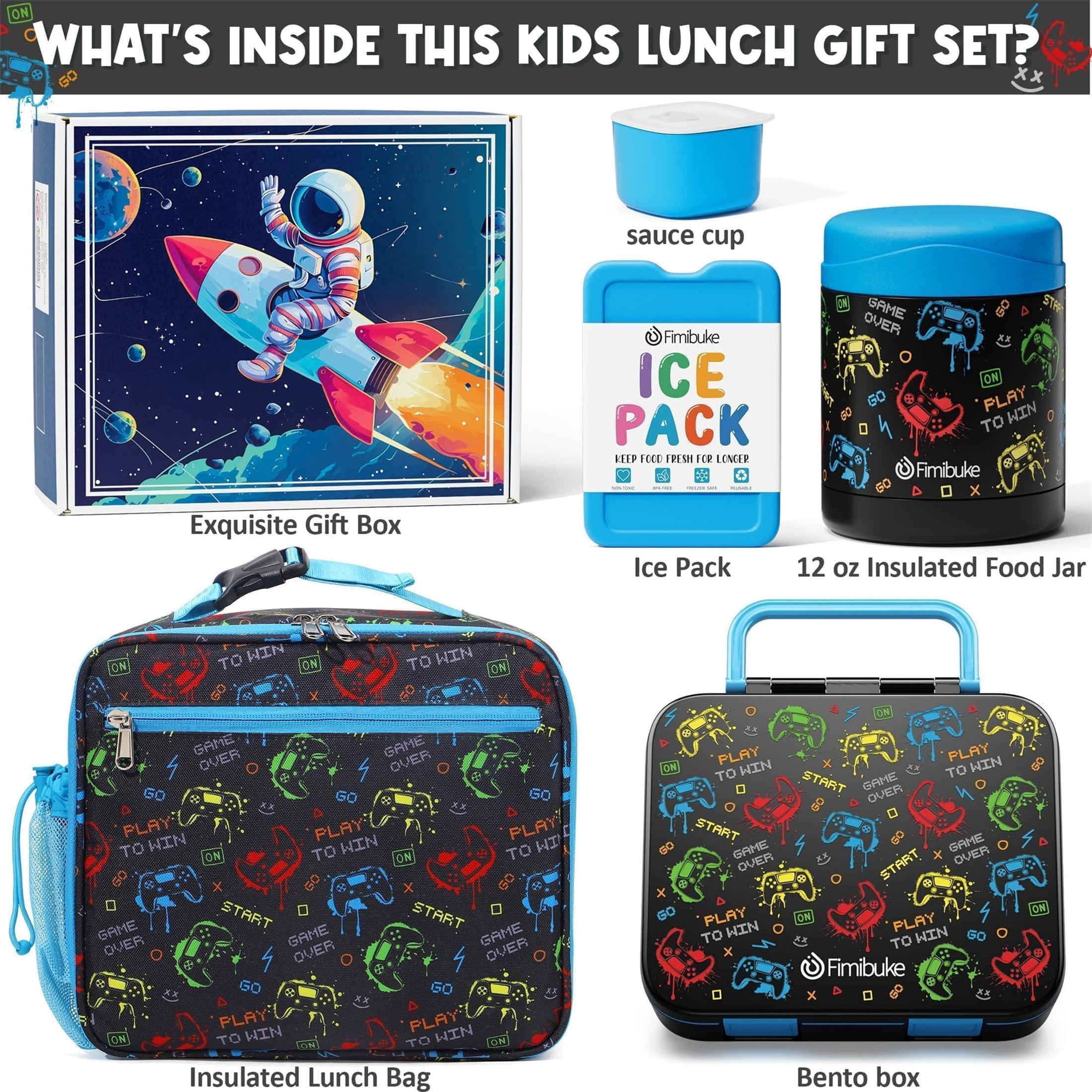 Bento Lunch Box 3-Compartment 32OZ Snack Lunch Container, Lunch Bag, 12OZ Insulated Food Jar & Ice Pack Set for School, Work, Travel, or Picnic (Game)
