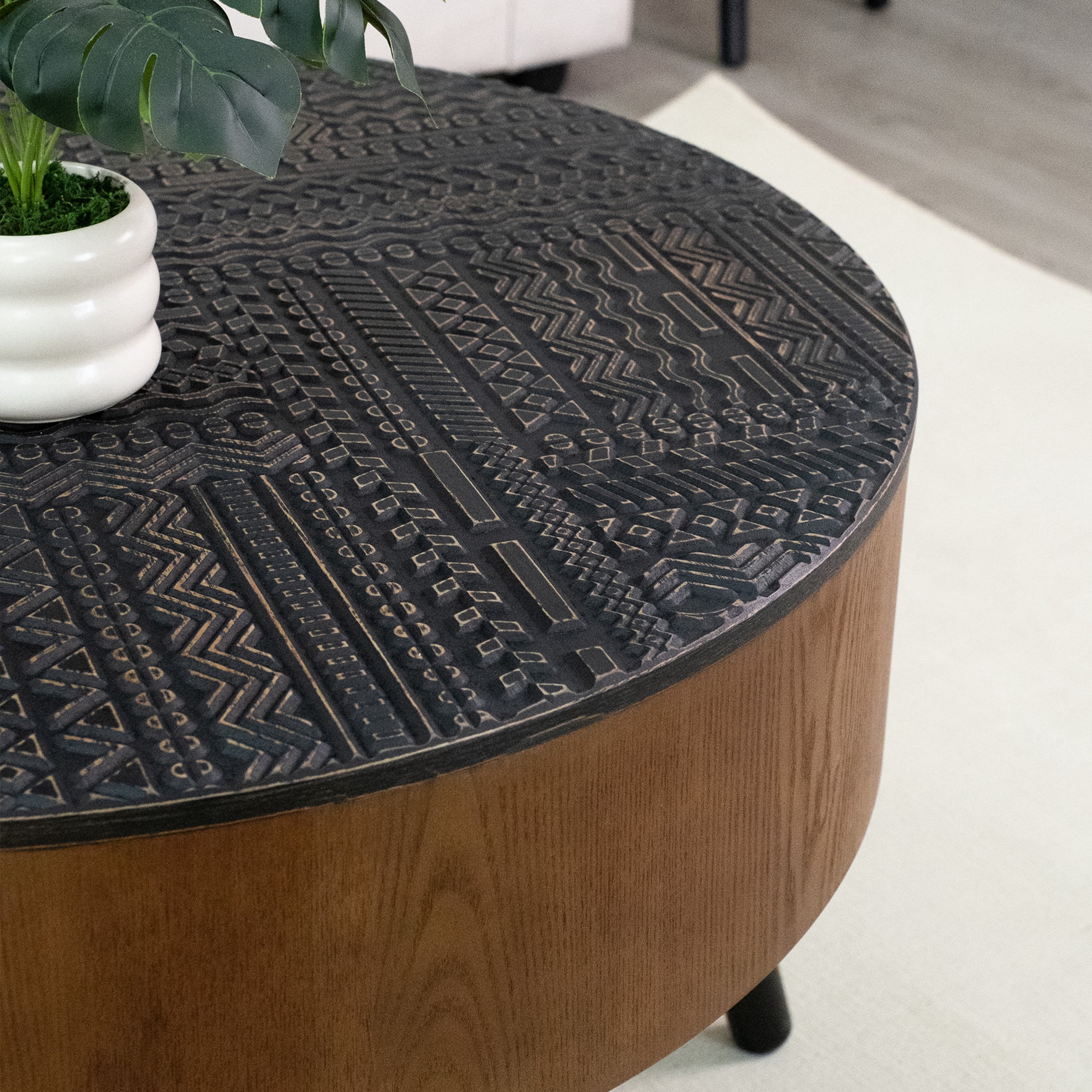 Noble House Tappen 31.5" Round Coffee Table with Engraved Top, American Wood Side Table for Small Spaces, Brown