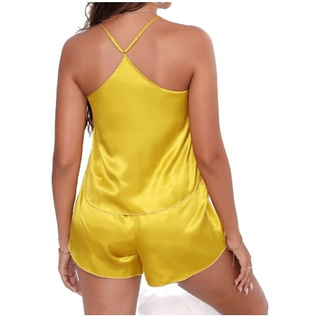 

Womens Pajama Sets Short Sets Sleeveless Sleepwear Yellow L