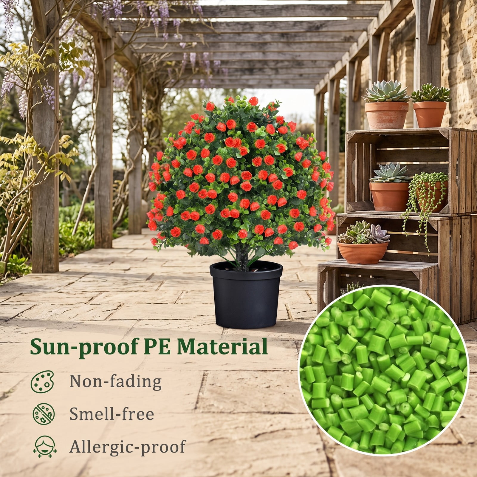 ALPULON 2 Pack Artificial Rose Topiary Ball Tree 21.5 Inch Faux Shrub Bushes with Red Flowers and Cement Base for Front Porch Home Office Decor, Red