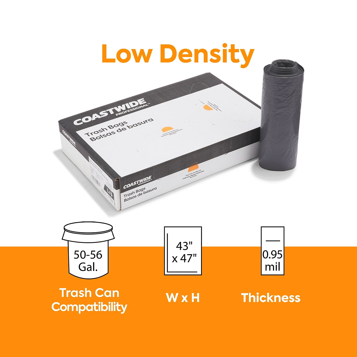 Staples COASTWIDE Trash Bags 50-56 gal 43x47 Low Density 0.95 Mil Gray 100 CT CW50715/H8647SG