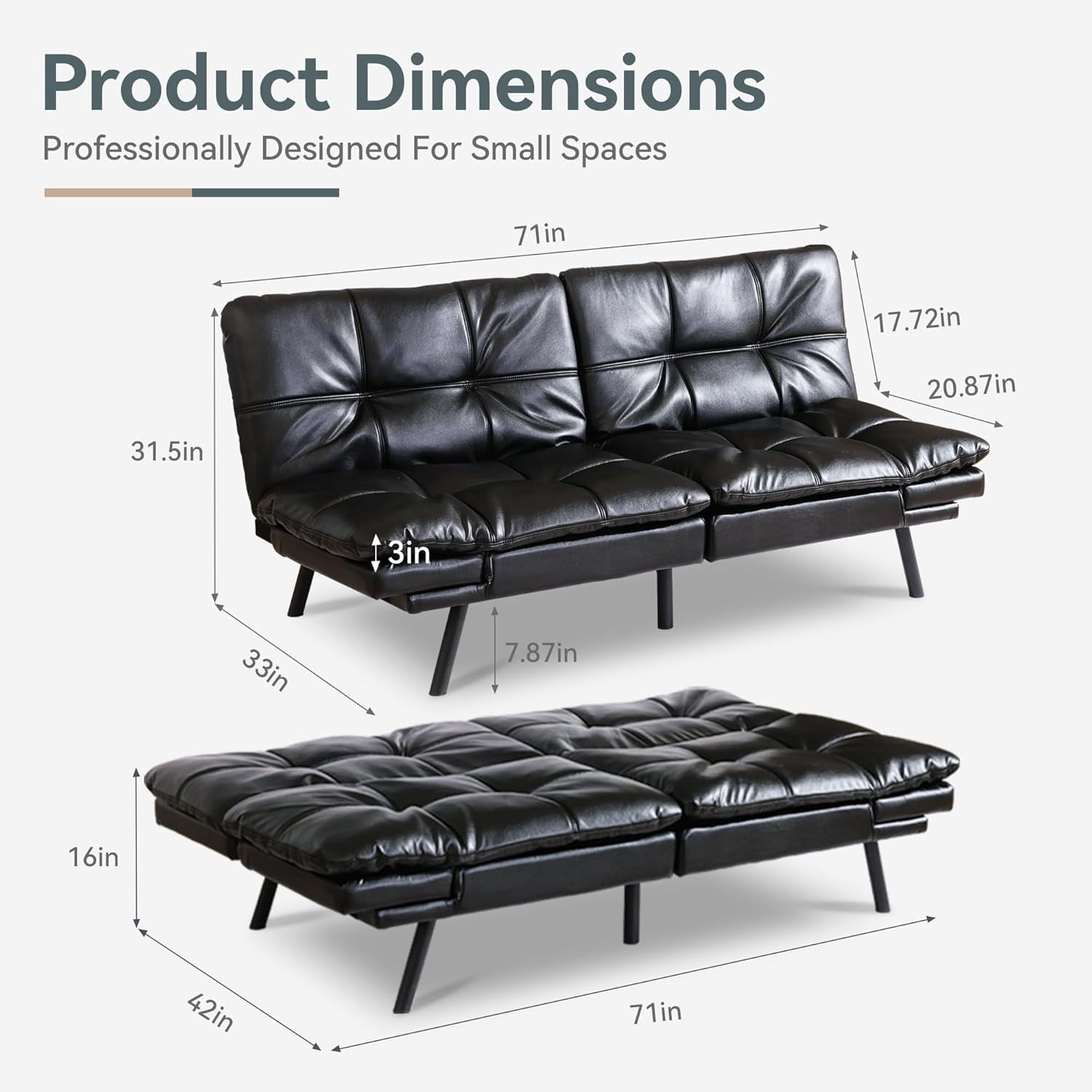 Vyfipt Convertible Futon Sofa Bed, Black Faux Leather Futon Couch with Adjustable Backrest & Armrests, Folding Small Recliner Sleeper Sofa Bed for Living Room, Apartment, Office