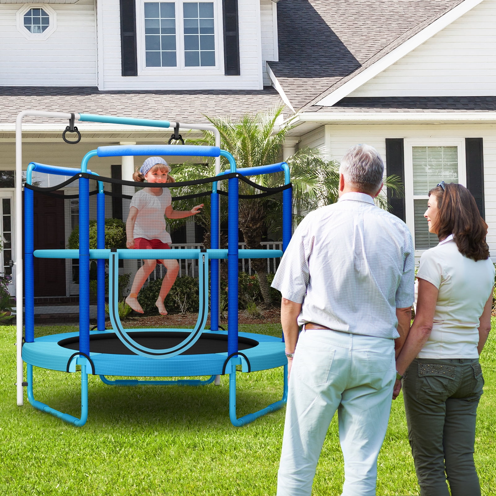 Topbuy 60 Inch Kids Trampoline, 330 LBS 3-in-1 Trampoline w/ Swinging Rings 3-Level Height Adjustable Horizontal Bar Blue