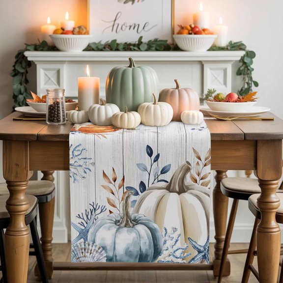 Thanksgiving Pumpkin Cotton Linen Table Runner, Washable Table Runners for Kitchen, Dining Room, Holiday, Home Party Table Decor, 13x36 Inches