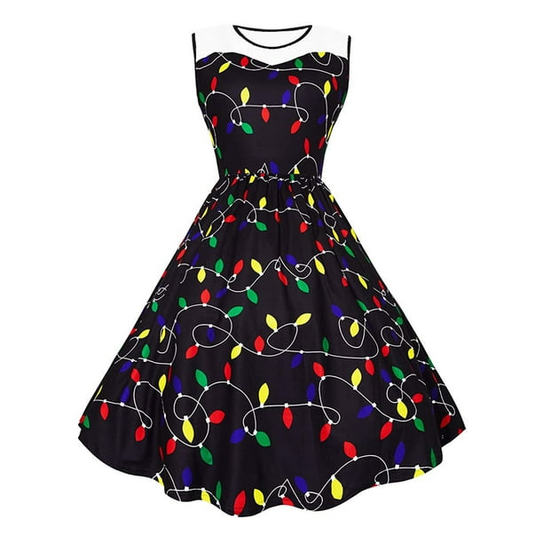 Lucakuins Vestido de mujer, vestido midi de encaje sin mangas con cuello redondo y estampado de estilo navideño para fiesta navideña Lucakuins moda