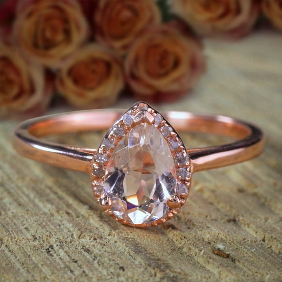 1.25 Carat 8x5mm Pear cut Solitaire Morganite and Diamond Moissanite Halo Engagement Ring on Sale with 18k Gold Plating