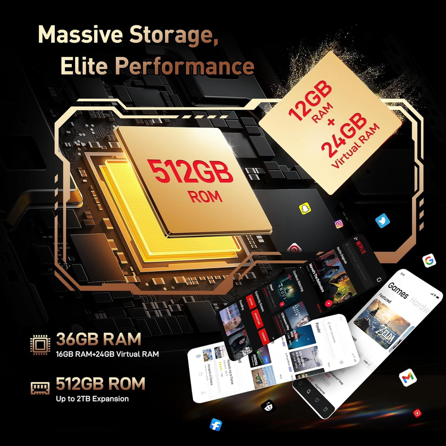 OUKITEL WP39 PRO Rugged Smartphone 5G, 36GB RAM 512GB ROM, 11000mAh(33W) Battery Mobile Phones,Gold