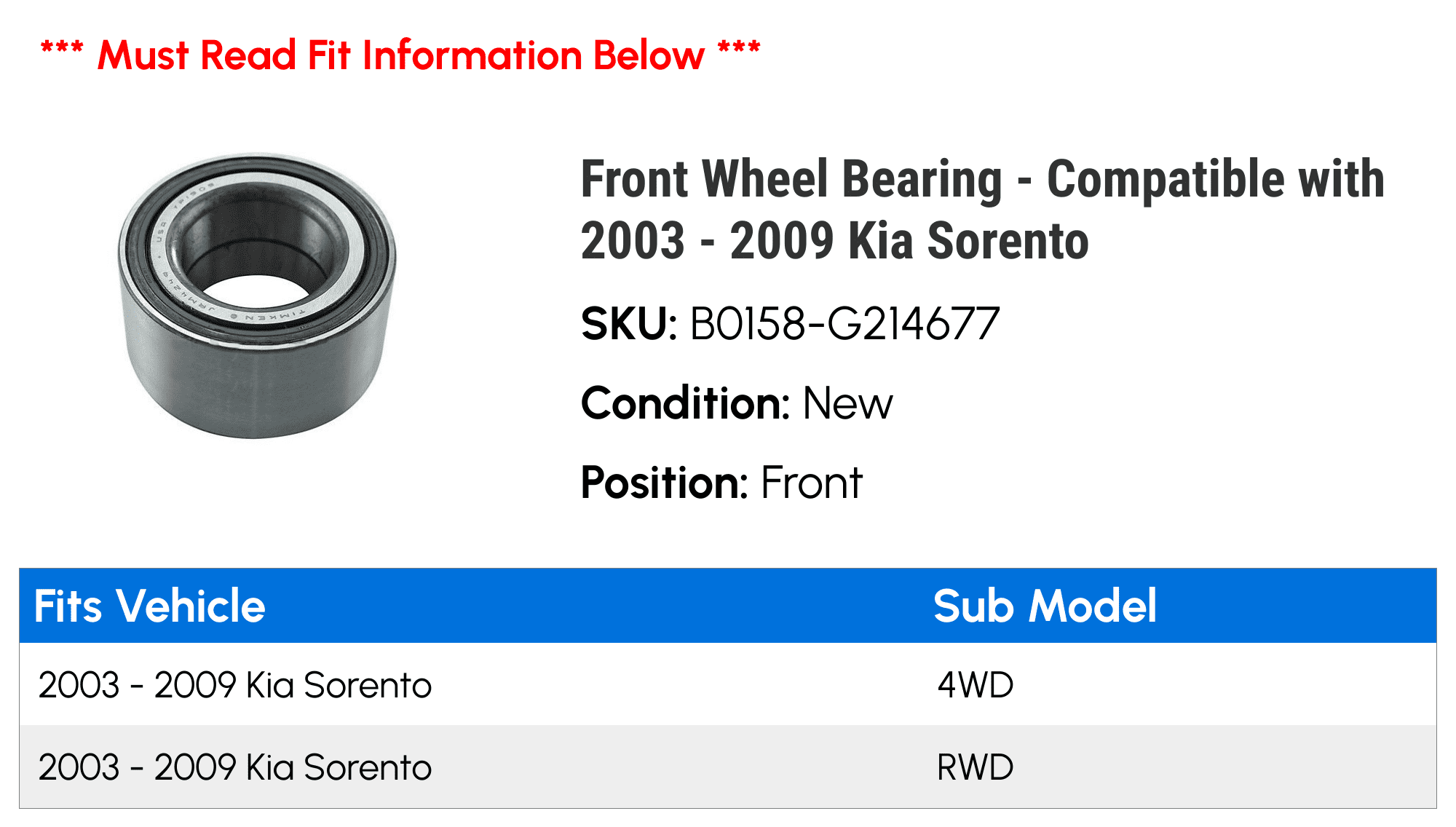 Detroit Axle Pair Front Wheel Bearings For Kia Sorento Borrego 2003-2009 – 10-Year Warranty