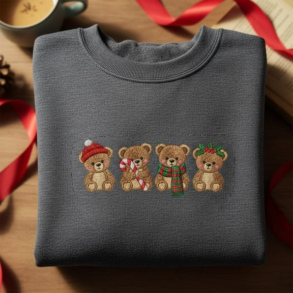 Christmas Bear Embroidered Sweatshirt, Cute Holiday Teddy Bear Sweater, Winter Animal Crewneck, Festive Bear Lover Gift