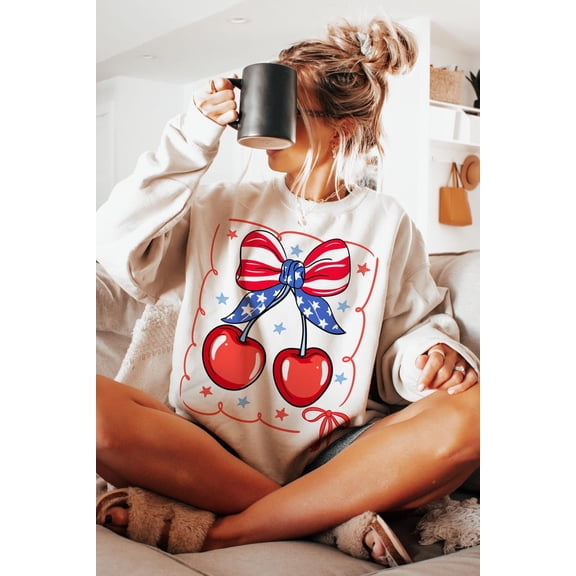4th July Cherry Sweatshirt, Cherry Coquette Pullover, FOJ Cherry Patriotic Crewneck, Trendy 4th of July Shirt Design for Women