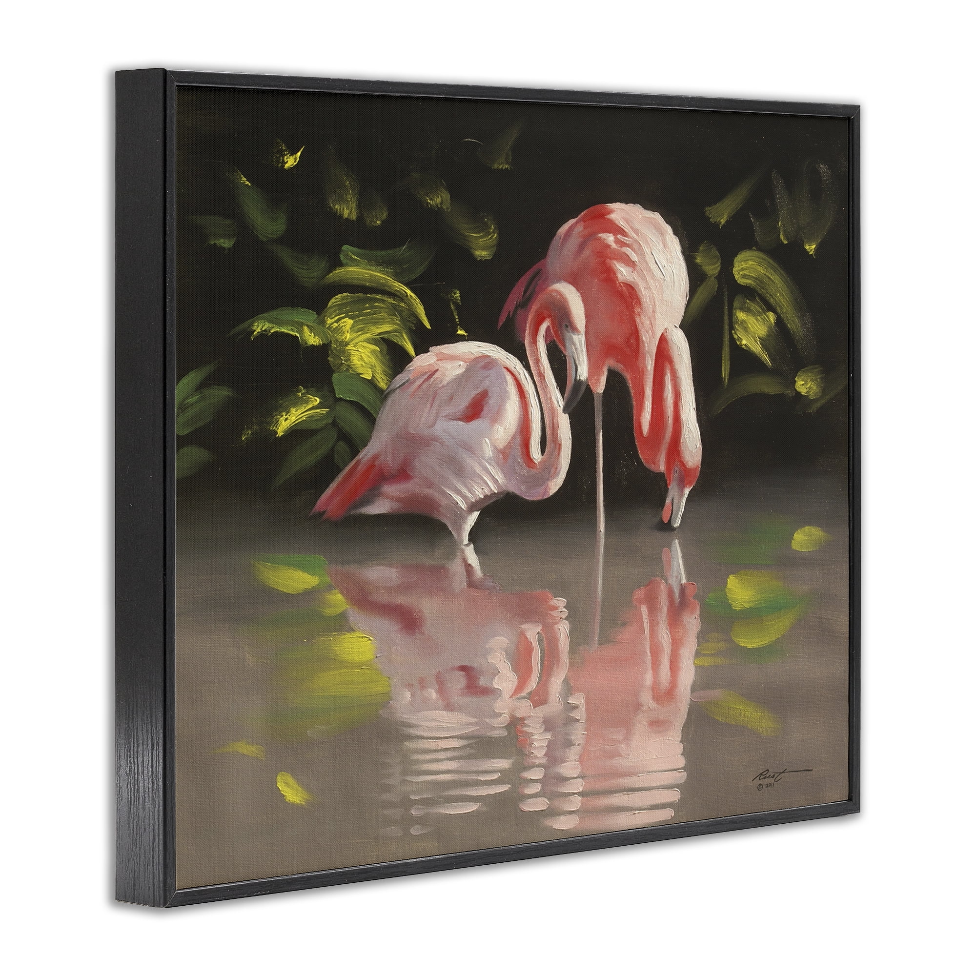 Stupell Industries Flamingos with Pond Reflection Animals & Insects Painting Black Framed Art Print Wall Art, 20 x 16
