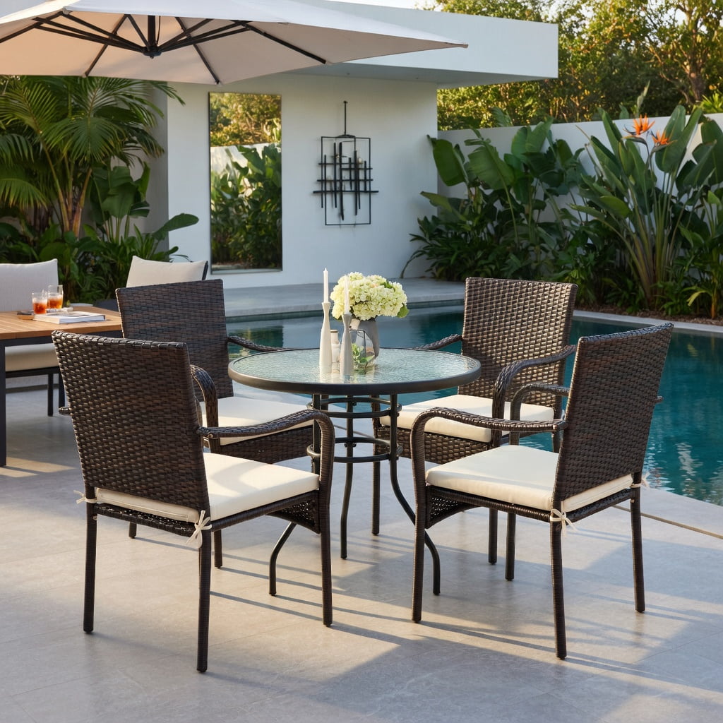 Hommoo 4-Piece Stackable Outdoor Rattan Dining Chairs with Removable Cushions, Weather-Resistant PE Wicker & Steel Frame for Patio, Garden, Poolside, Brown